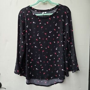 Elle Black Floral 3/4 Bell Sleeve Blouse